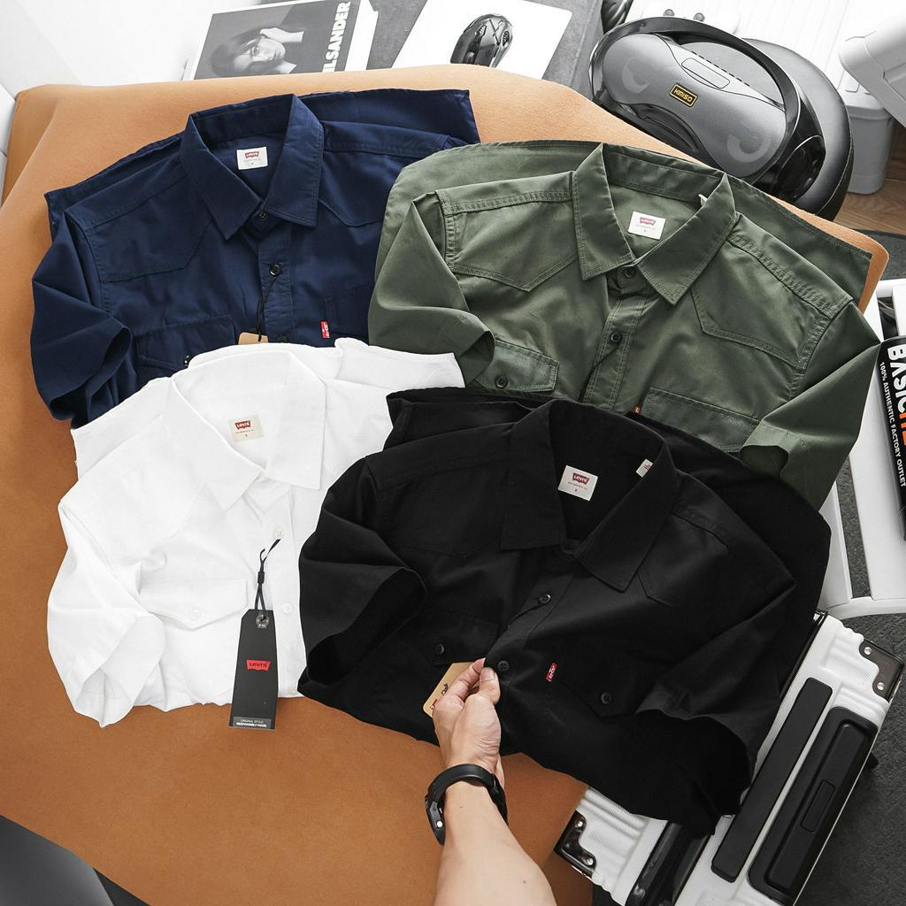 Áo sơ mi tay ngắn, sơ mi nam tay ngắn chất vải mềm mịn sang trọng thanh lịch màu xanh navy, trắng - Basichouse