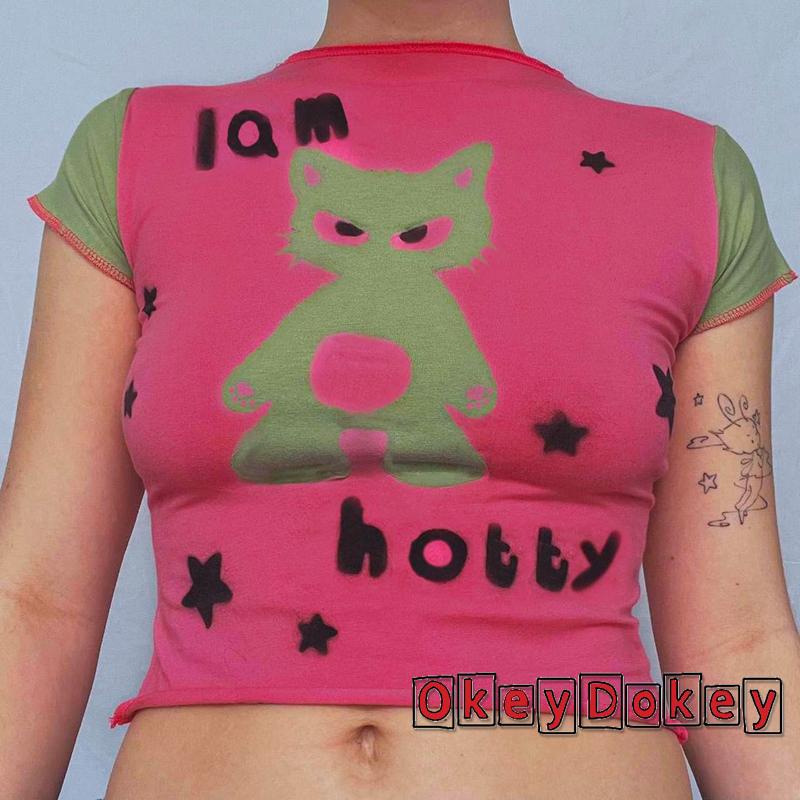 Áo Croptop Ngắn Tay In Họa Tiết Hoạt Hình Phong Cách Harajuku Cổ Điển Thời Trang Mùa Hè Cho Nữ