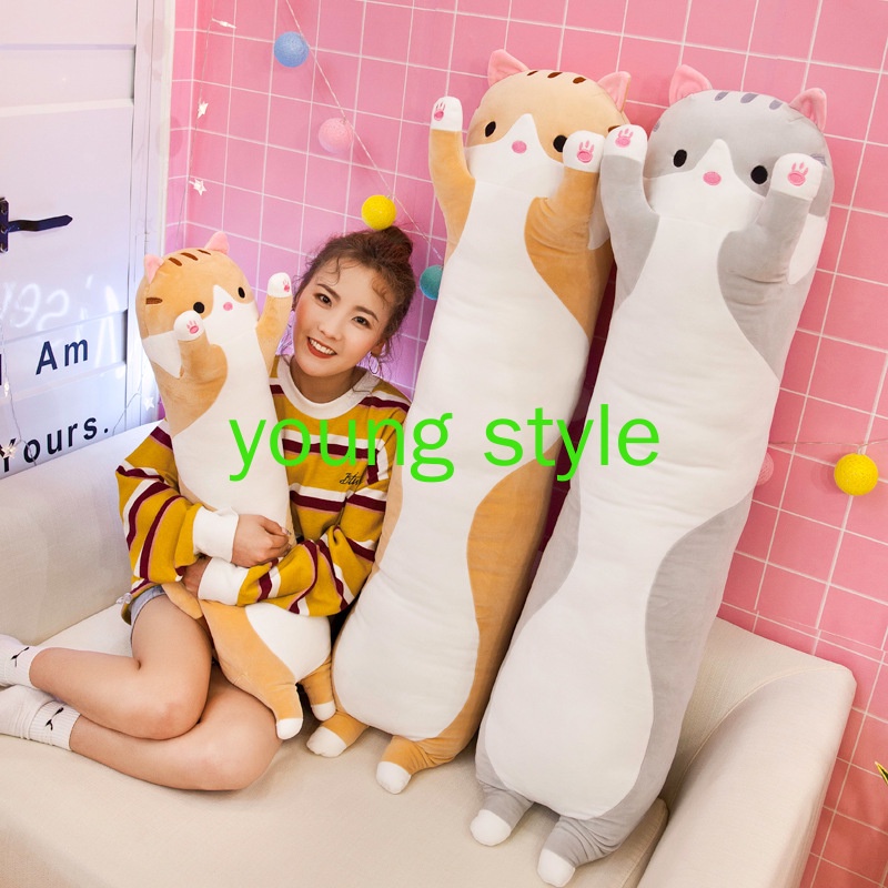 [Giá ưu đãi] Gối ôm dài hình mèo con, gối ôm nhồi bông mèo con hai màu xám và màu nâu BIG SIZE 110cm