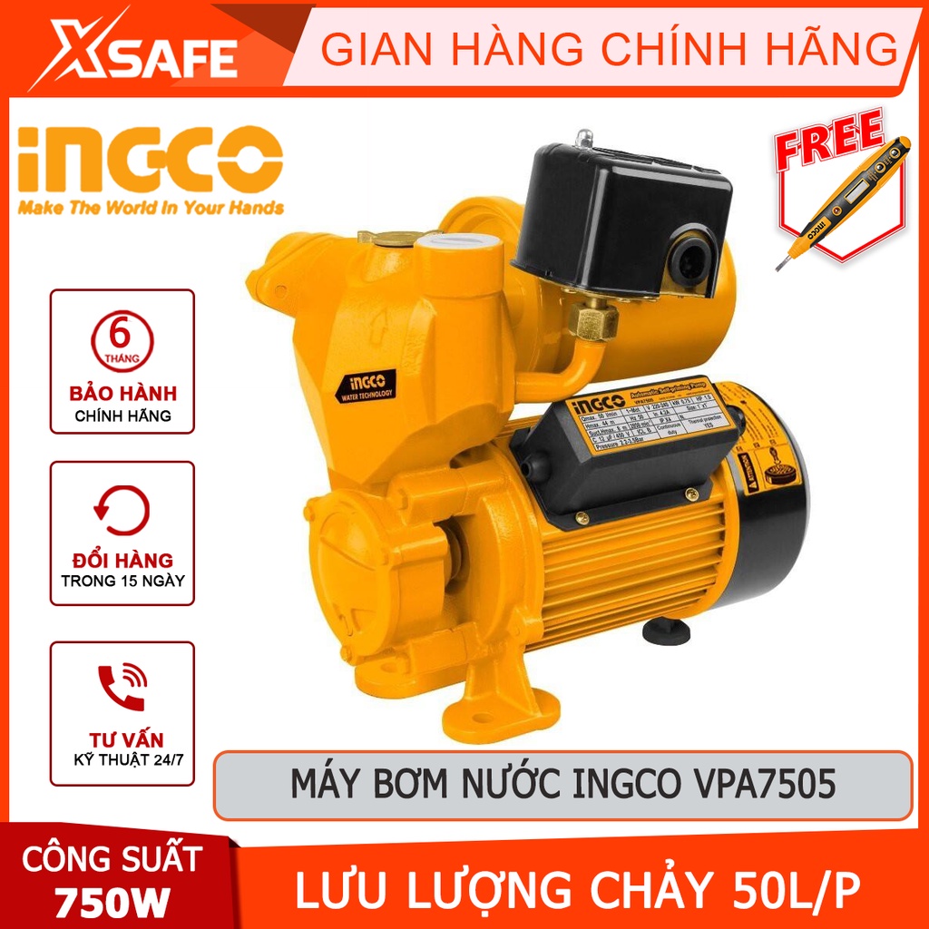 Máy bơm nước INGCO VPA7505 Máy bơm tăng áp công suất 750W(1.0HP), chiều cao bơm 44m, mô tơ dây đồng - [XSAFE]