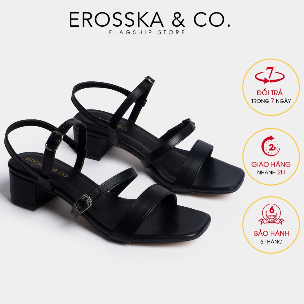 Giày sandal cao gót Erosska mũi vuông phối dây quai mảnh cao 3cm màu đen - EB018