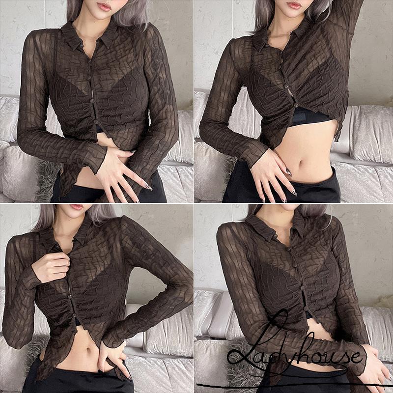 Áo Sơ Mi Croptop Tay Dài Vải Mỏng Màu Trơn Cài Nút Thời Trang Mùa Hè Cho Nữ