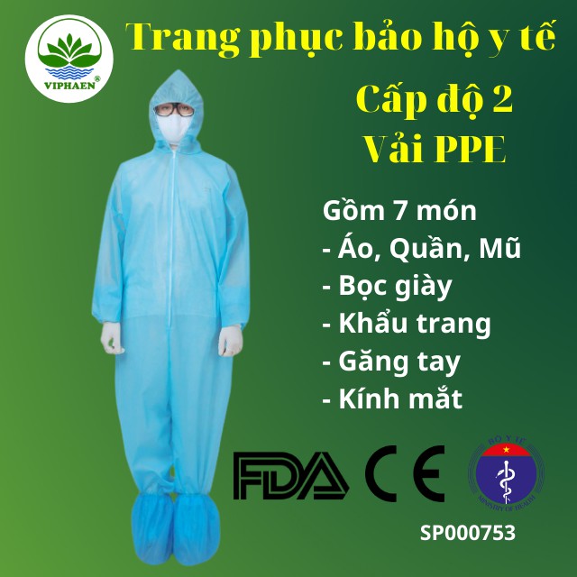 Trang phục bảo hộ y tế cấp độ 2 vải PPE (7 món), Bộ đồ phòng dịch, phòng độc