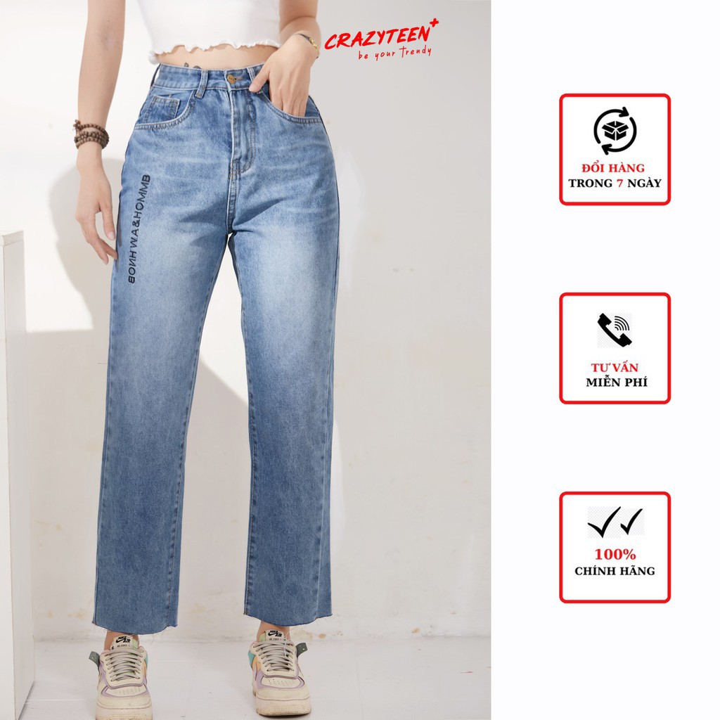 Quần jeans nữ CRAZYTEEN dáng baggy thêu chữ cá tính K0123