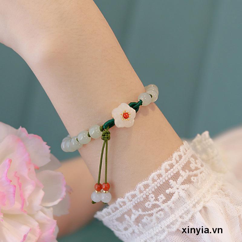 Vòng Đeo Tay Chuỗi Hạt Tròn Phối Hình Hoa Đào Dễ Thương Cho Nữ