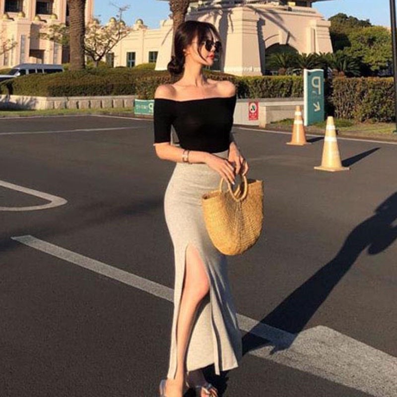 Chân váy xẻ tà dáng dài lưng cao thời trang
