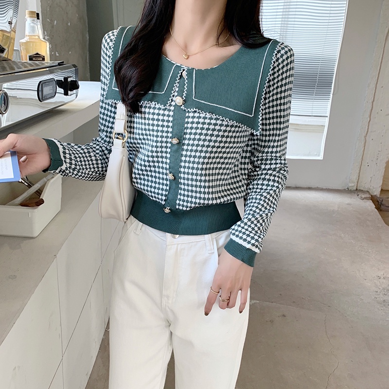 Áo dệt kim tay dài dáng rộng kẻ sọc caro hàng nút mới cho nữ