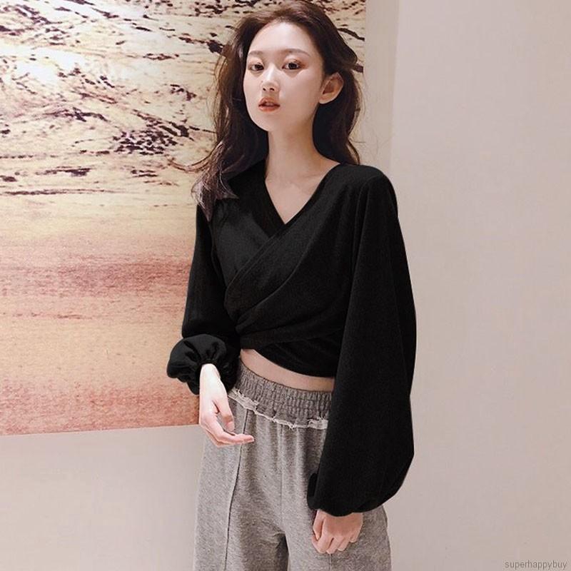 Áo kiểu tay dài thiết kế cổ chữ V quyến rũ