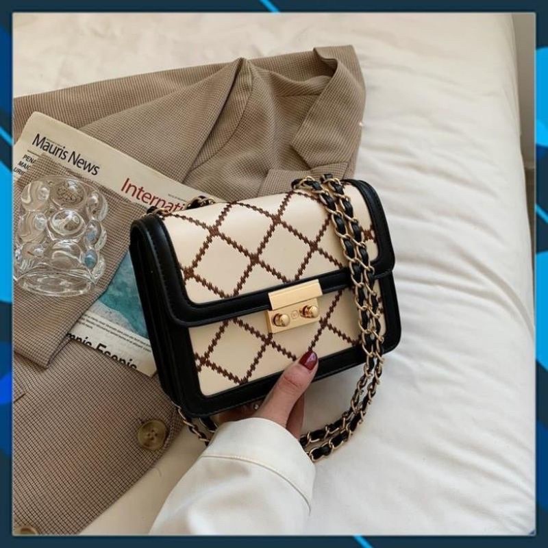 Túi Đeo Chéo Nữ, Túi Xách Da Vân Caro Khoá Bấm