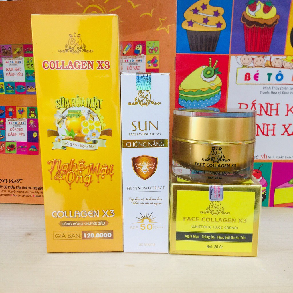 Combo Kem face X3 + Sửa rửa mặt nghệ + Kem Chống nắng Collagen X3 Đông Anh - Chính hãng