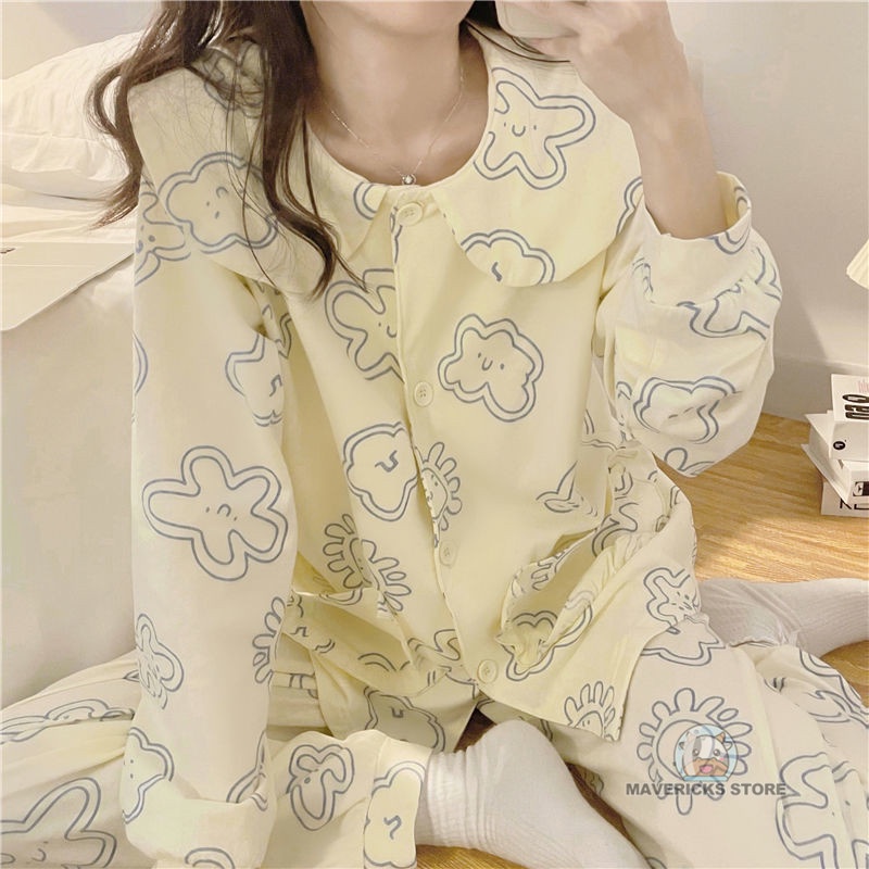 Bộ đồ ngủ tay dài cổ búp bê phong cách Hàn Quốc dễ thương thời trang mùa thu đáng yêu cho nữ