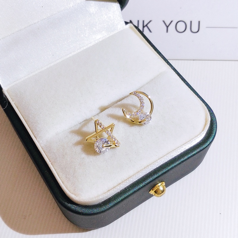 Khuyên tai JIUDUOLAN dạng kẹp/ xỏ kiểu dáng ngôi sao mặt trăng đính đá zircon thời trang đơn giản dễ phối đồ cho nữ
