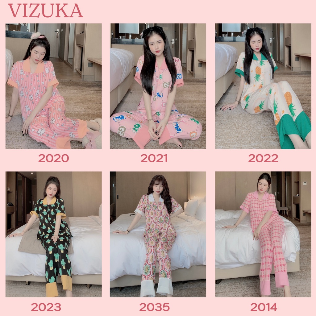 Đồ ngủ pijama nữ lụa cộc tay quần dài cổ sen hoạ tiết dễ thương VIZUKA