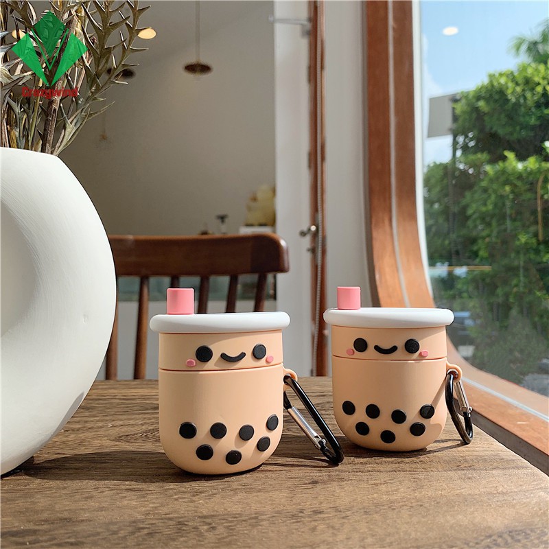 Bluetooth Headset Case Cute Cartoon Boba Tea with Keychain Silicone Dust-Proof Case For Airpods 1/2