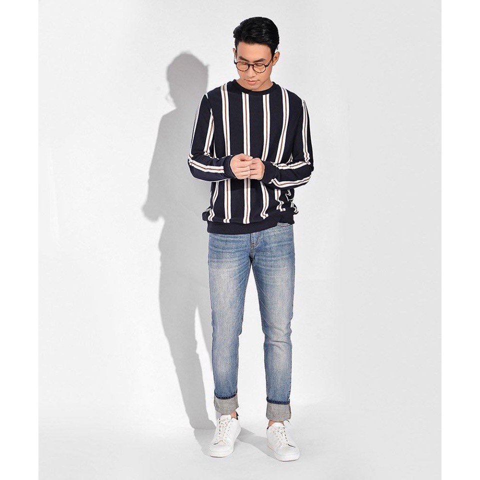 Áo thun ROUTINE - SWEATSHIRT AT tay dài nam kẻ sọc dọc màu vàng cam