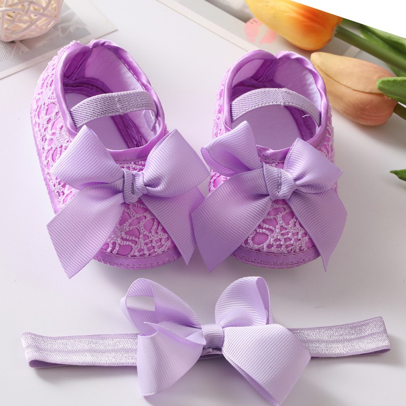 Set 2 Giày Tập Đi Vải Satin Đế Mềm Chống Trượt Đính Nơ Cho Bé Gái