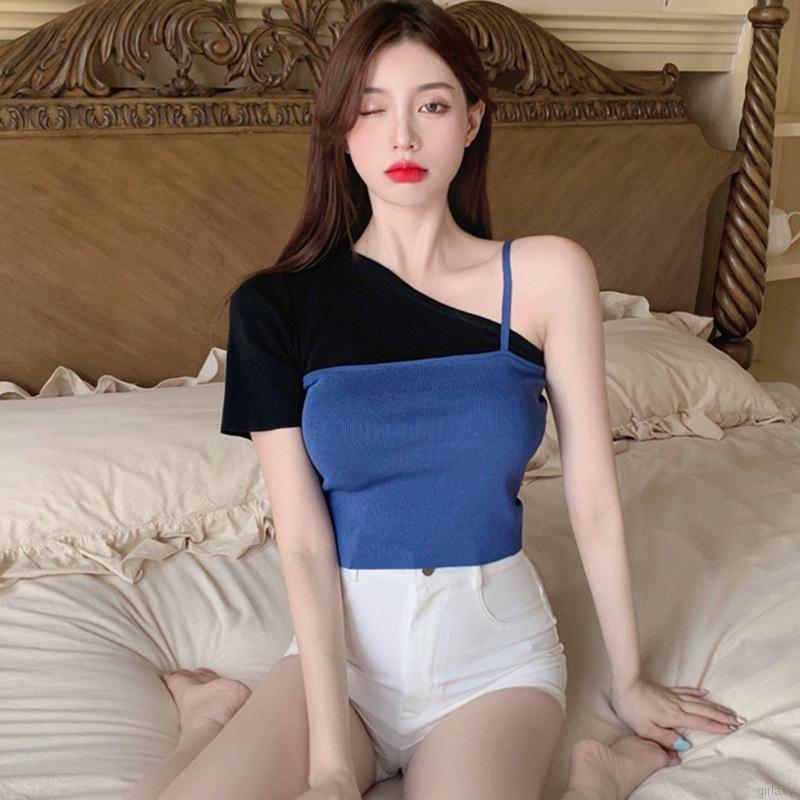 Áo Croptop Dệt Kim Tay Ngắn Màu Tương Phản Phong Cách Hàn Quốc