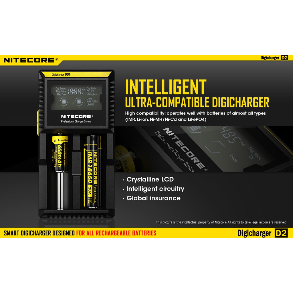 Bộ Sạc Pin Nitecore D4 D2 New I4 I2 Digicharger Lcd Thông Minh Li-Ion 18650 14500 16340 26650