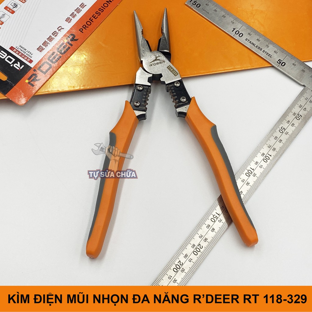 Kìm Kềm điện đa năng mũi nhọn cao cấp R'deer RT 118-329 9inch/225mm 4 trong 1 (Kẹp-Cắt-Uốn-Tuốt dây)