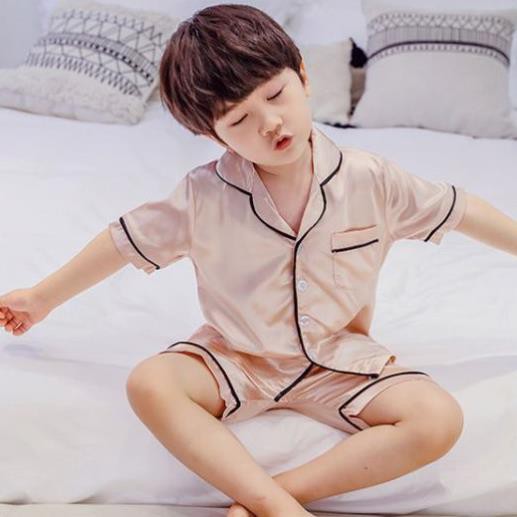 Đồ Ngủ Pijama Lụa Trẻ Em MinChu Cho Bé Trai Bé Gái Mặc Ở Nhà Từ 12 - 34kg - Quần Áo Ngủ Mùa Hè Cho Bé  ་