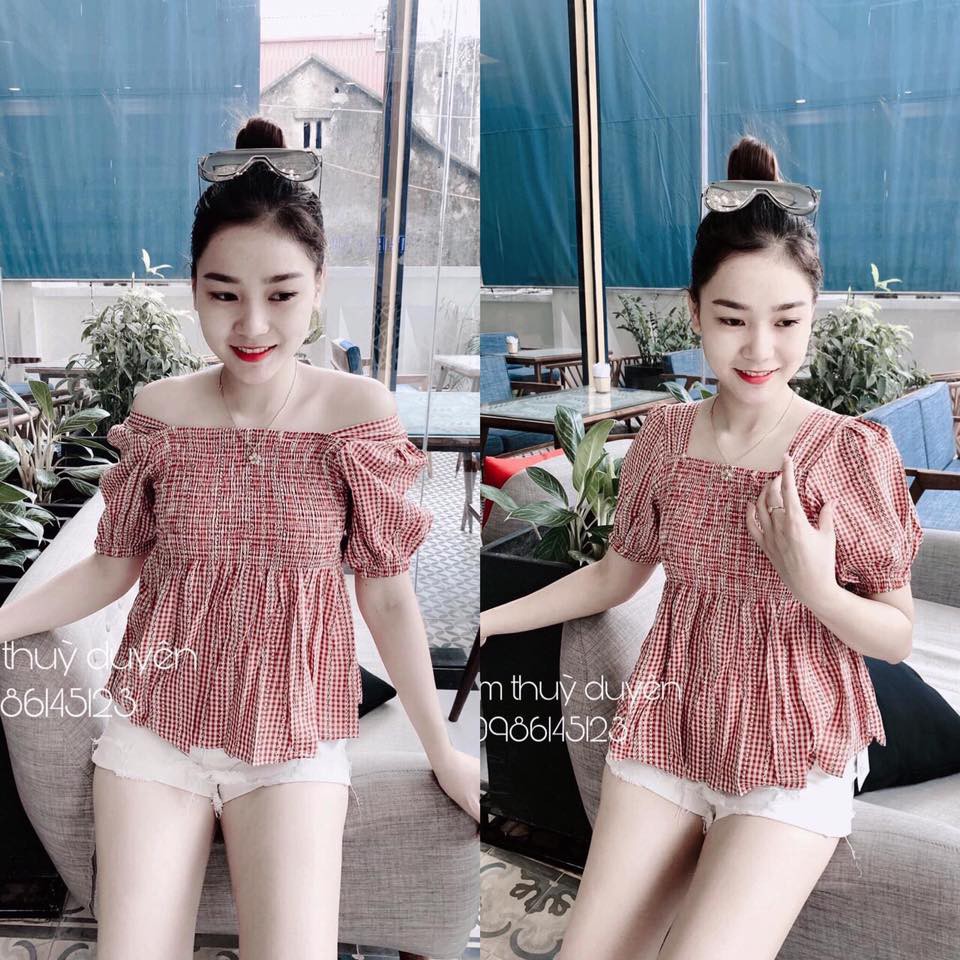 Áo kẻ Babydoll hoa tay bồng (kèm ảnh thật )