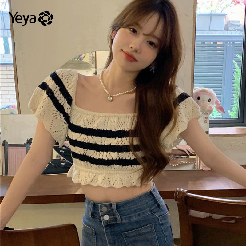 Áo len YEYA kẻ sọc ngang hở vai phong cách trẻ trung ngọt ngào cho nữ