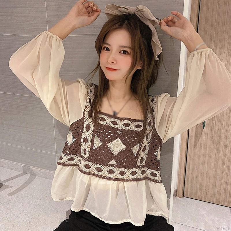 Áo kiểu vải voan tay phồng dài phong cách Hàn Quốc xinh xắn cho nữ