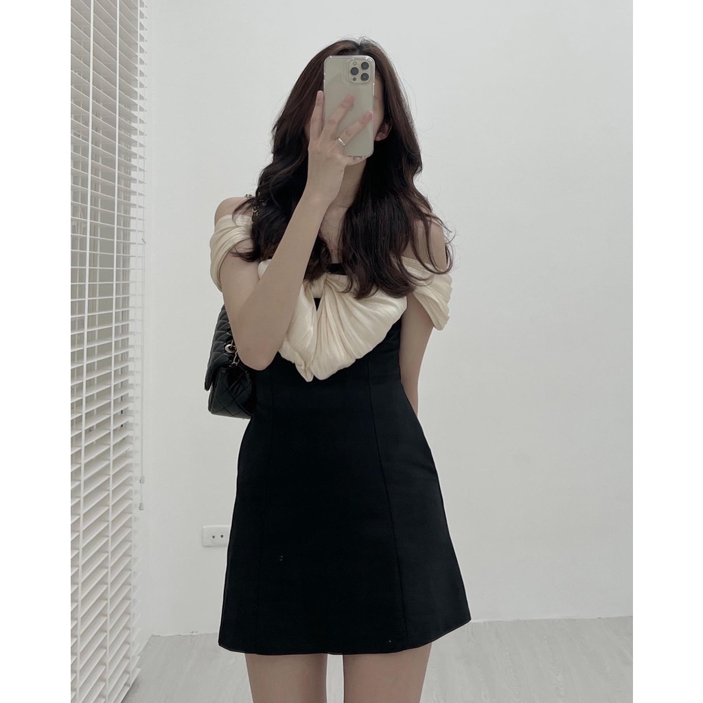 Váy Boby Trễ Vai Nơ Ngực Chất Tơ Lụa Ánh Kem , Váy Dự Tiệc Sang Trọng March.Clothes