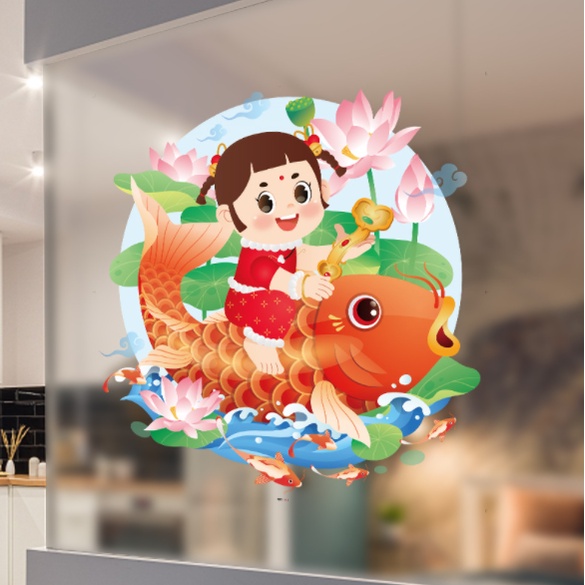 Decal hít tĩnh điện dán tết - Bé gái và bé trai cưỡi cá chép