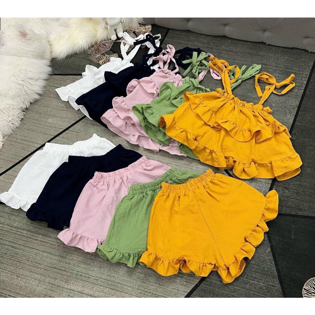 [Mã FAMARAL2 giảm 10K đơn 50K] Bộ mặc nhà nữ, vải xốp, áo hai dây cột, phong cách tiêu thư xinh xắn, dễ thương
