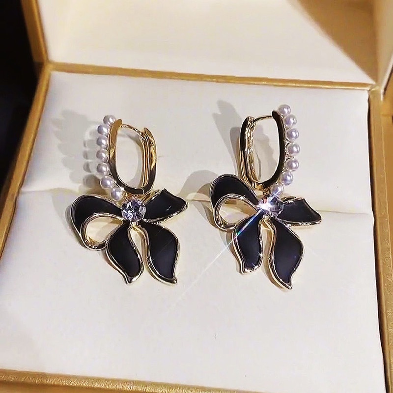 Bông Tai Mạ Bạc 925 Hình Nơ Đính Ngọc Trai Phong Cách Retro Hàn Quốc