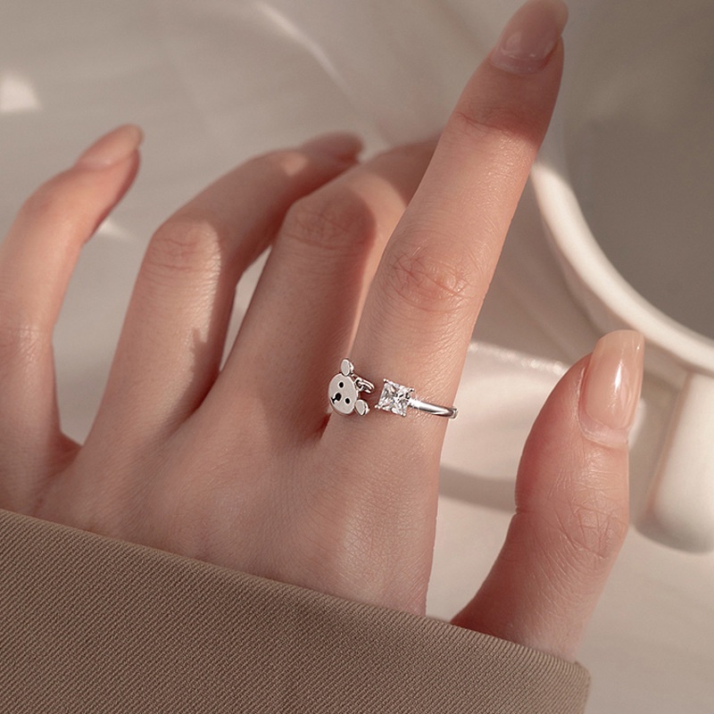 Nhẫn nữ zircon vuông dễ thương thời trang hàn quốc nhẫn mở gấu tinh tế