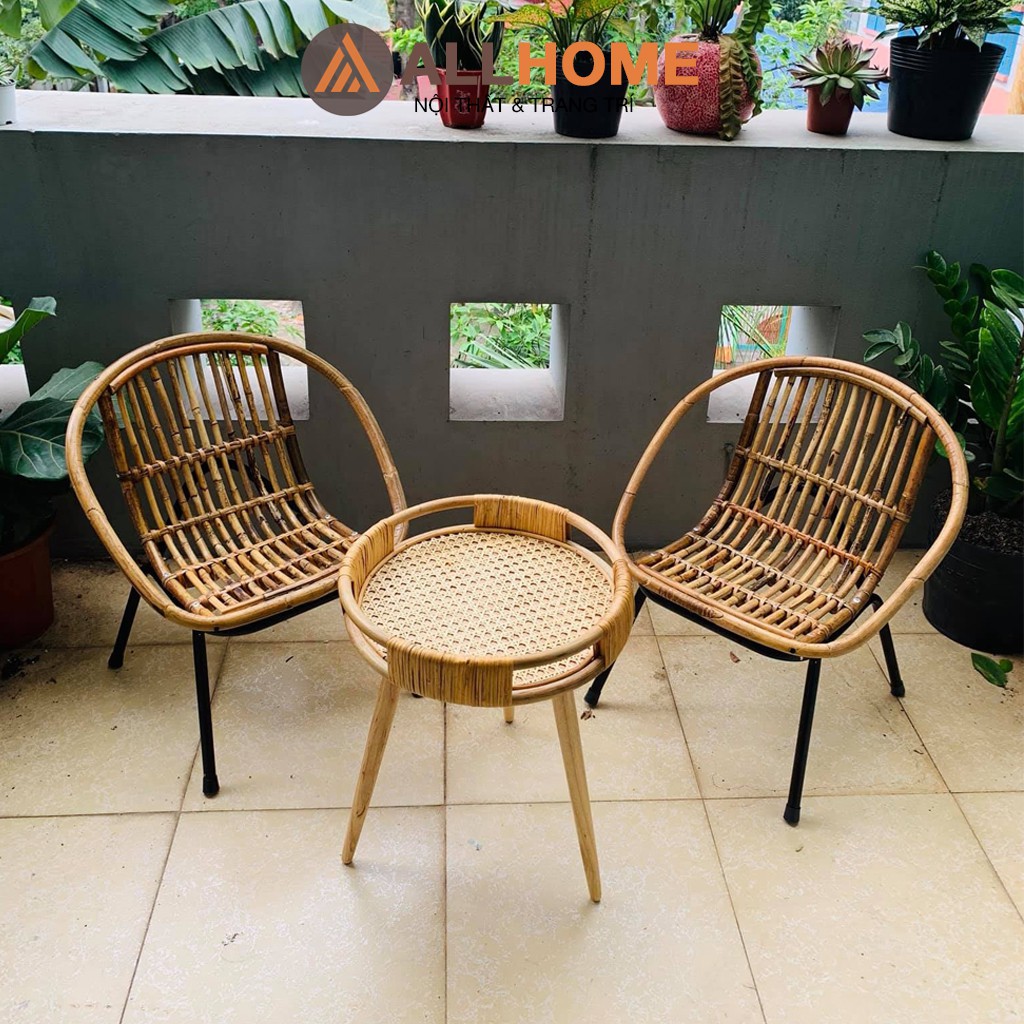 Bàn Trà Mây Mắt Cáo Chân Gỗ ALLHOME Trang Trí Nhà Cửa Cafe Home Stay Kiểu Dáng Vitage