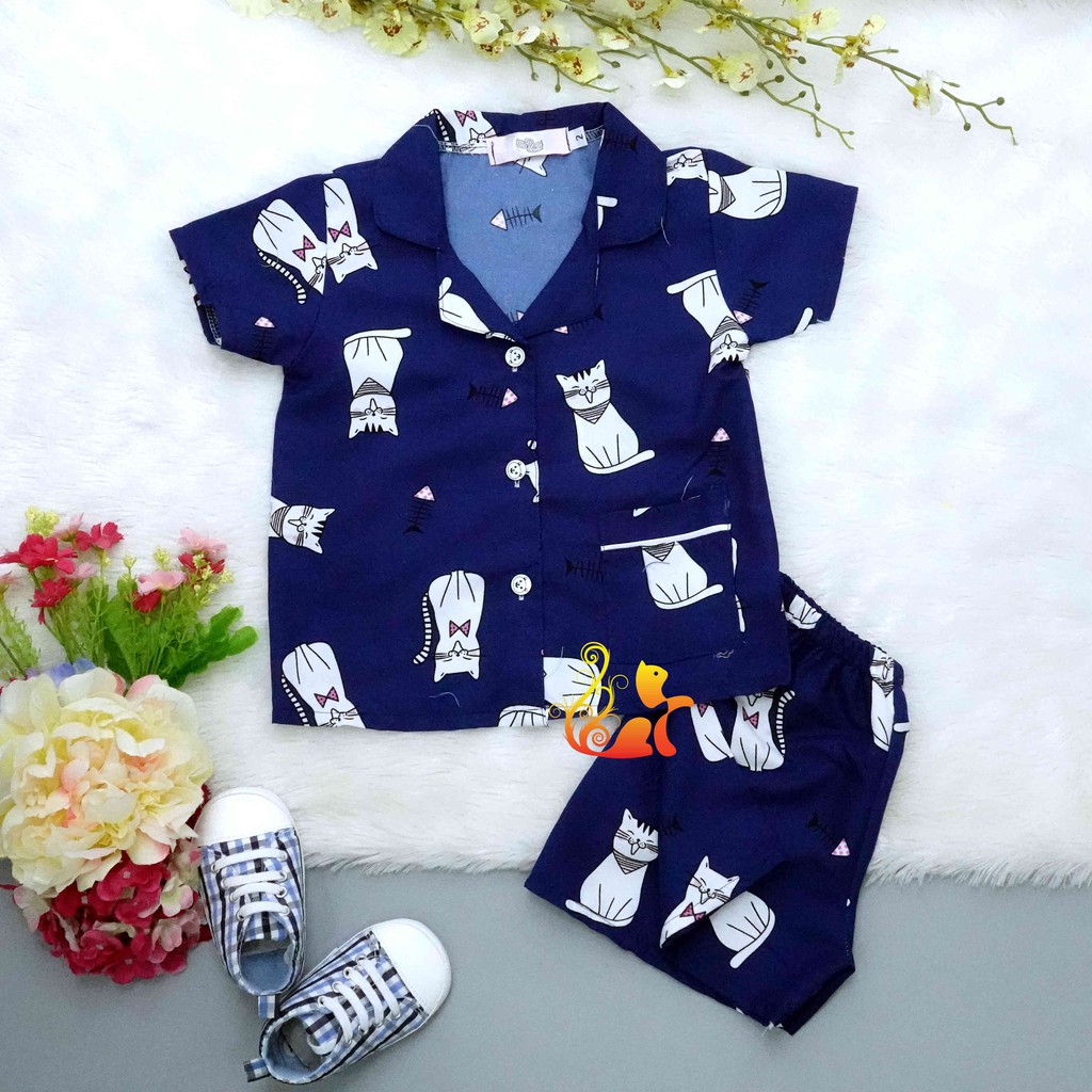 Bộ Đồ Mặc Nhà Pijama Kate Thái - &quot;Mèo - Xương cá&quot; - Cho Bé 8 - 38kg.