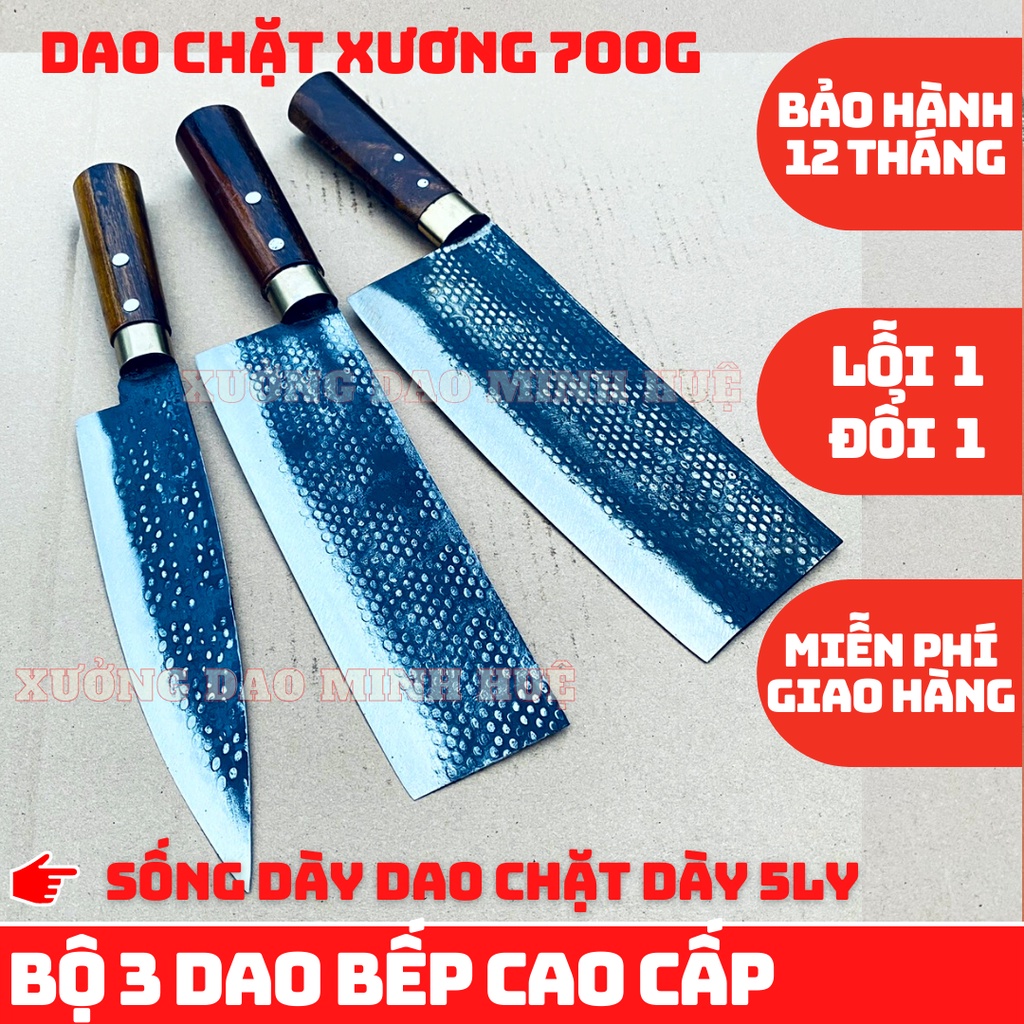 Dao bếp, Bộ 3 Dao nhà bếp cao cấp là từ Thép Nhíp xe nga chuẩn hàng rèn thủ công xưởng rèn minh huệ