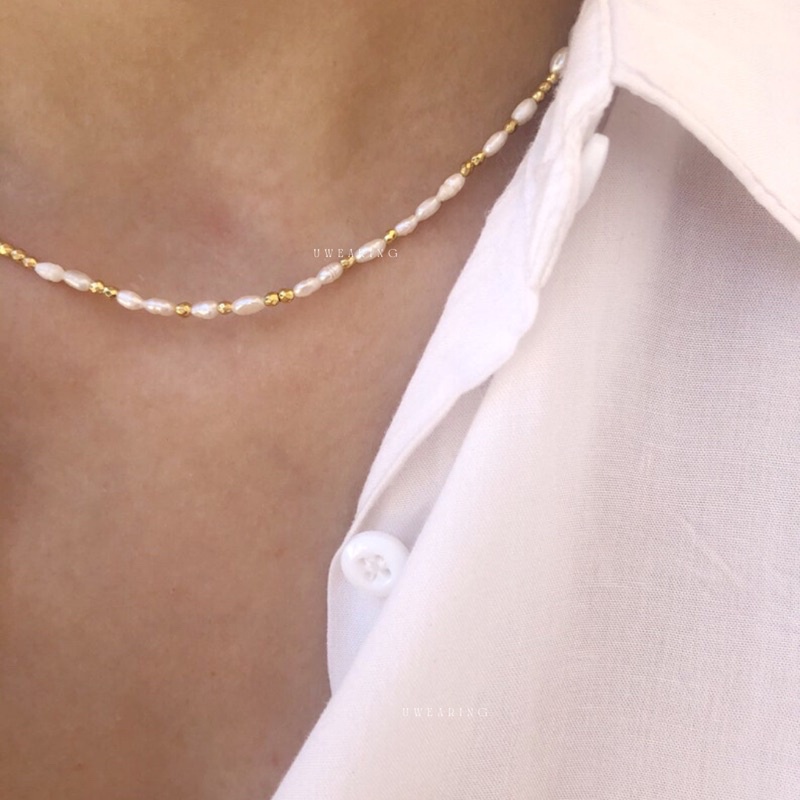 Vòng cổ UW hạt ngọc hình lúa phối golden phong cách vintage thanh lịch nhẹ nhàng cho nữ