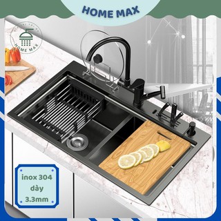 Chậu rửa bát nano đen giật cấp, có cài dao cài thớt, chậu dày 3.3mm kích thước 82x45cm bảo hành chính hãng 2 năm