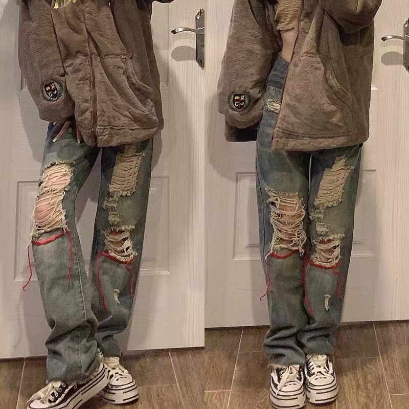 Quần jean nữ unisex ống rộng, quần bò nữ unisex rách phong cách hip hop cá tính C856