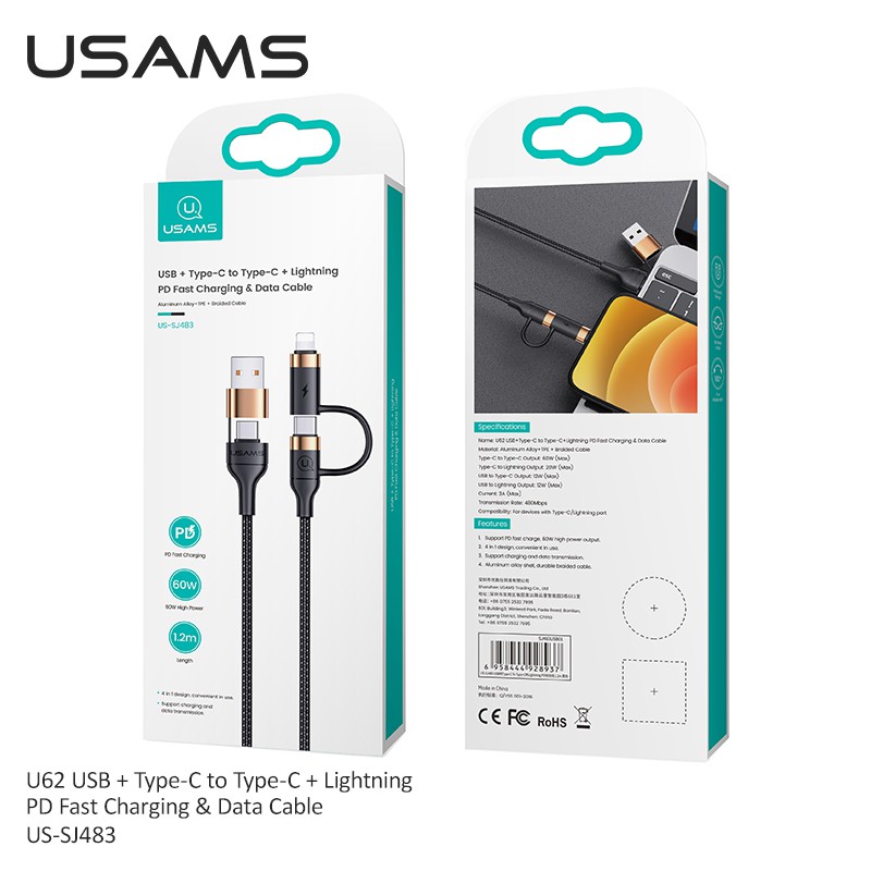 Usams Dây Cáp Sạc Nhanh Truyền Dữ Liệu Tốc Độ Cao 4 Trong 1 USB Type C Sang Type C IP 60W
