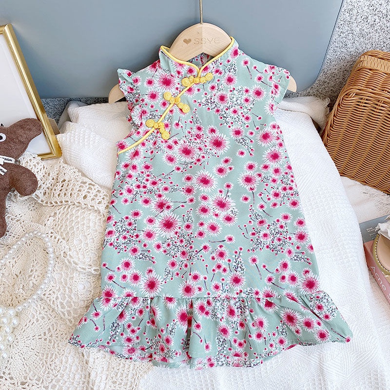 Đầm sườn xám họa tiết hoa thiết kế mới thời trang mùa hè theo phong cách Trung Hoa cho bé gái