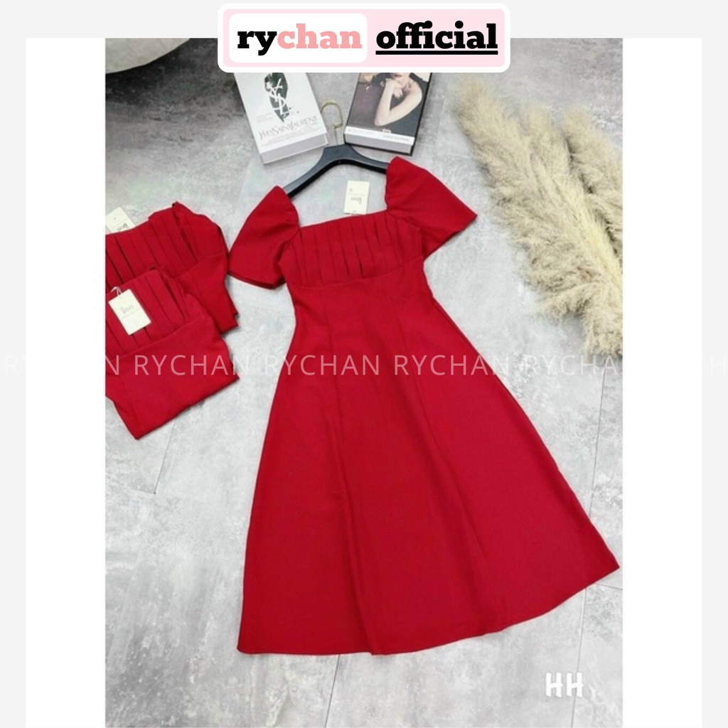 Đầm Nữ Dự Tiệc Cổ Vuông Xếp Li Ngực Thắt Eo Cực Màu Hồng Trắng Vàng Đỏ [ẢNH THẬT CUỐI] - DX9932