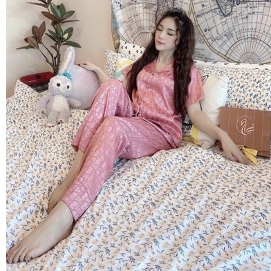 Bộ đồ mặc nhà - Bộ Pyjama mặc nhà - Bộ lụa gấm tay cộc quần dài