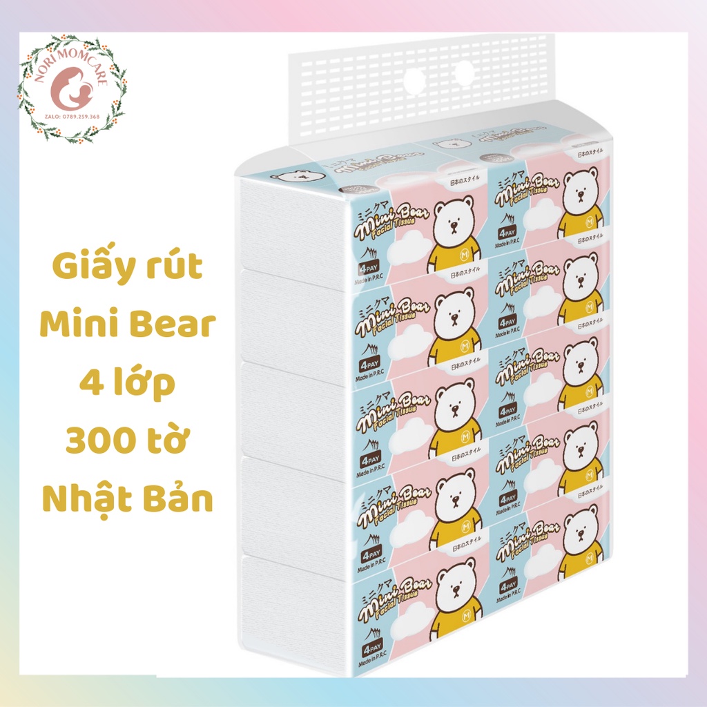 [1 CÂY 10 GÓI] Khăn giấy rút Minibear Nhật, giấy khô, giấy lau mặt, giấy vệ sinh 300 tờ chuyên dùng cho mẹ và bé