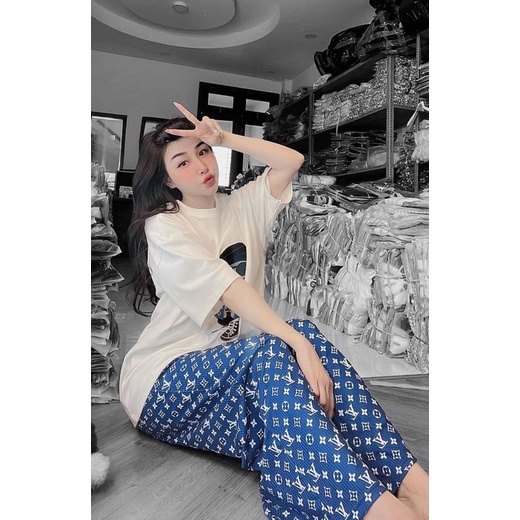 Set áo cotton cô gái mang kiếng thêu quần gân suông hot hit