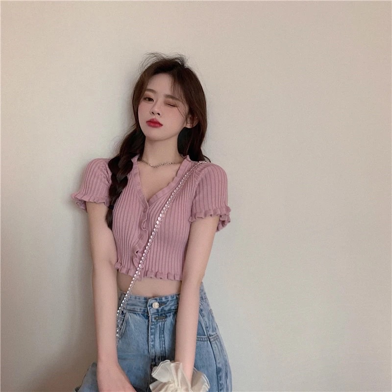 Áo Croptop Tay Ngắn Màu Hồng Đen Trắng Xanh Chất Dệt Kim Thấm Mồ Hôi Phối Bèo Tiểu Thư Phong Cách Ulzzang Hàn Loại 1