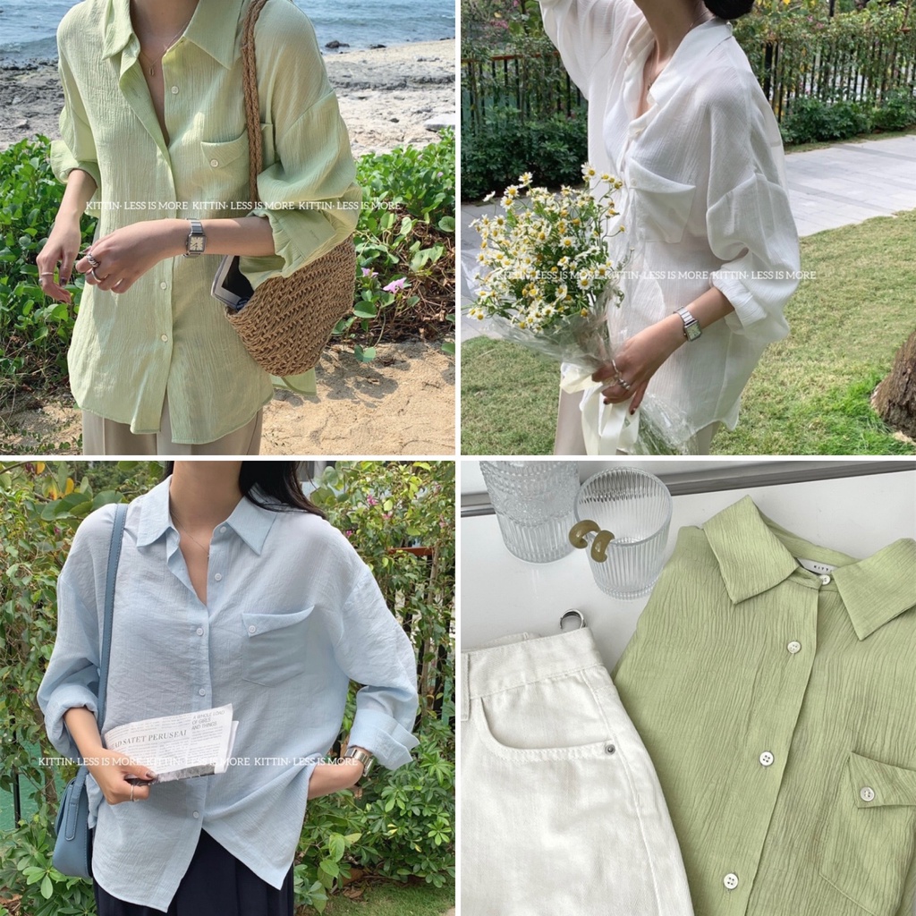 Áo sơ mi nữ dài tay túi lệch vải đũi nhăn màu Hàn Quốc