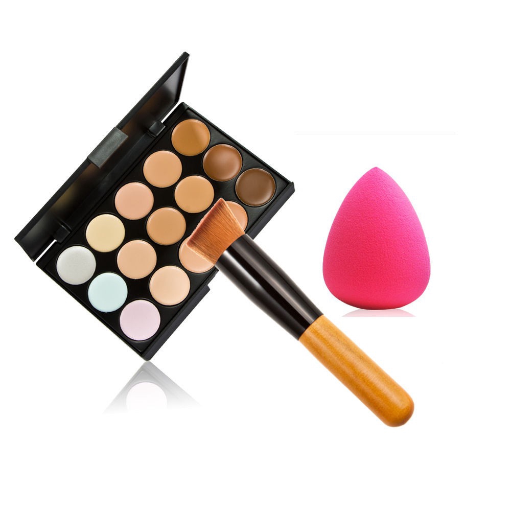 15 Colors Make up Contour Face Cream Concealer Palette+Sponge Puff+Powder Brush