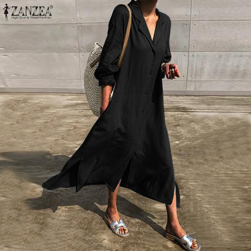 ZANZEA Đầm maxi bằng cotton dài đính nút trước thời trang mùa thu cho nữ | BigBuy360 - bigbuy360.vn