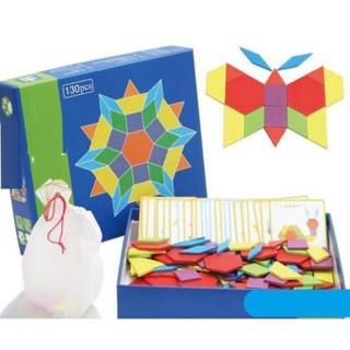 Ghép hình tư duy theo thẻ Partten block 130 chi tiết (tặng 1 tranh tô màu cát)