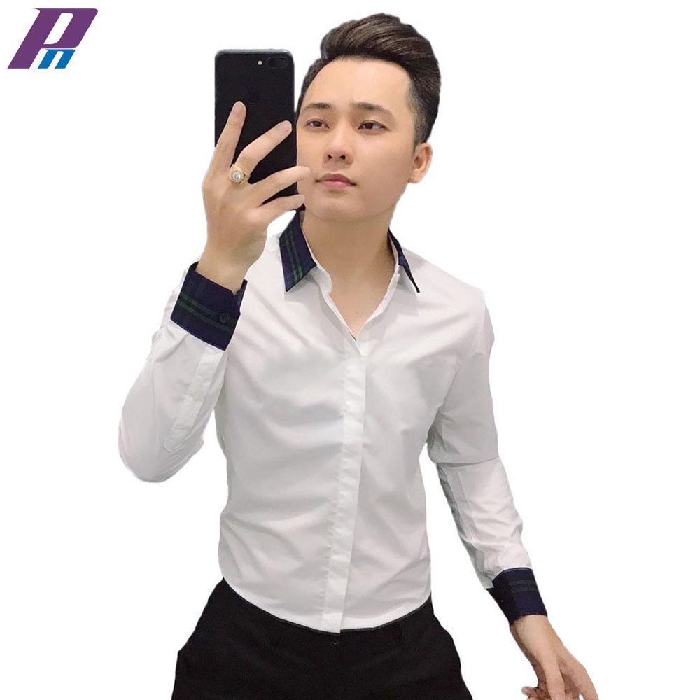 Áo Sơ Mi Nam Dài Tay Trắng Phối Kẻ Vải Lụa Cao Cấp Form Body Phong Cách Hàn Quốc 69